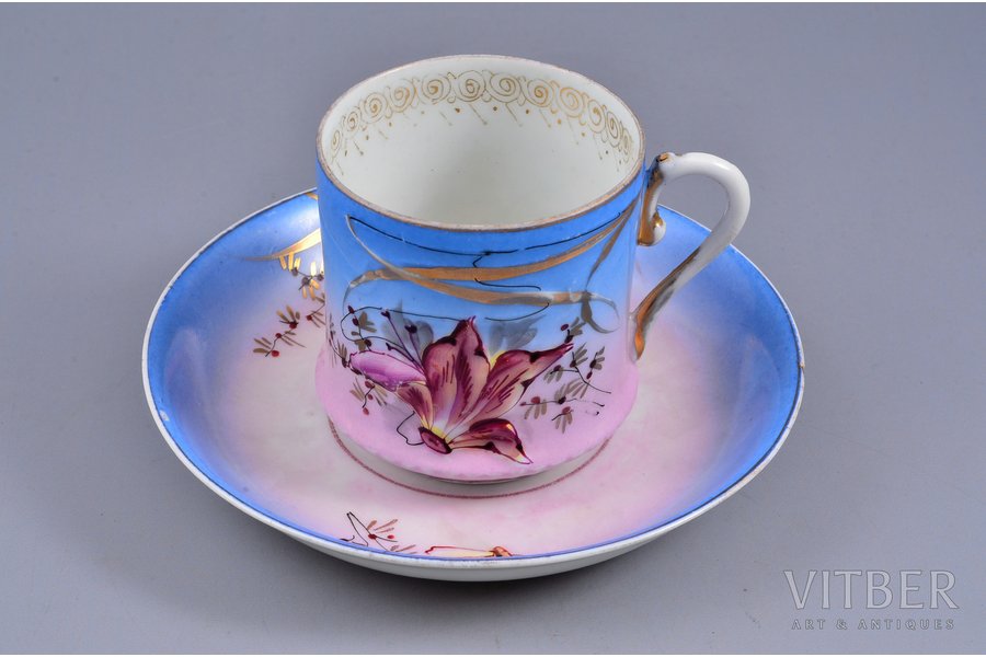 tējas pāris, rokas gleznojums, porcelāns, Hrapunova-Novogo fabrika, Krievijas impērija, 19. un 20. gadsimtu robeža, h (tasīte) 6.8 cm, Ø (apakštasīte) 13.6 cm