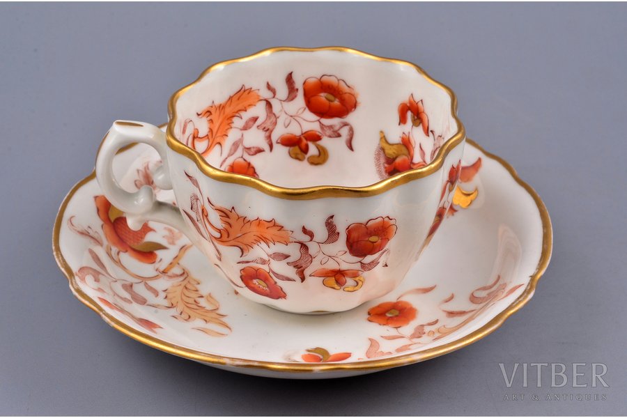 tea pair, hand painted, porcelain, Kornilov Brothers manufactory, Russia, h (cup) 5 cm, Ø (saucer) 13.4 cm