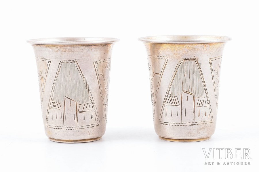 pair of beakers, silver, 84 standard, 37.25 g, engraving, h - 4.5 cm, by Israel Eseevich Zakhoder, Kiev, Russia