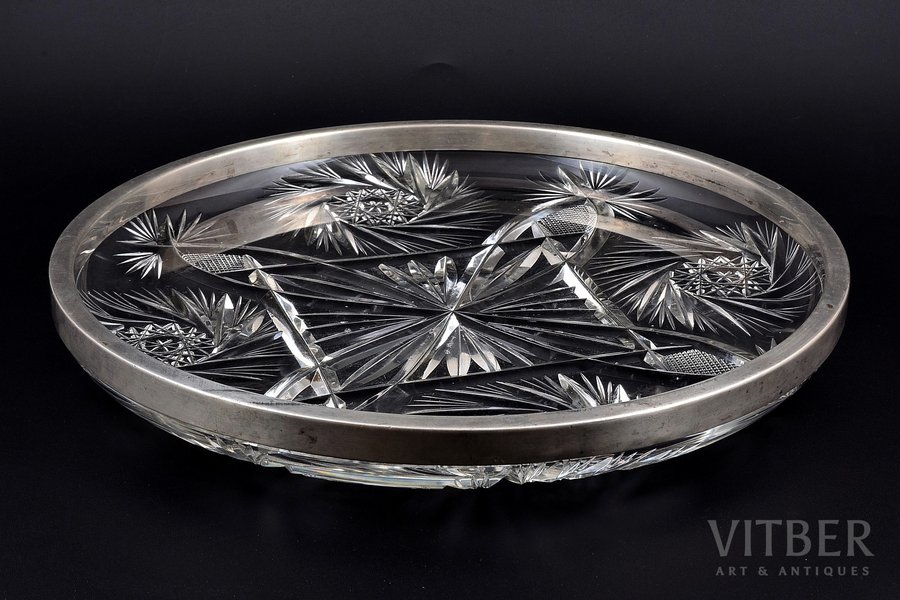 plate, silver, crystal, 800 standard, weight of silver 123.05, Ø - 31.5 cm, the beginning of the 20th cent., Germany, small surface chips