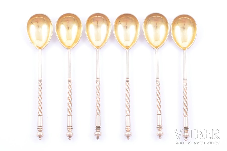 set of teaspoons, silver, 6 pcs, 84 standard, 90.65 g, gilding, 11.2 cm, by Grigoriy Sbitnev, 1908-1917, Moscow, Russia