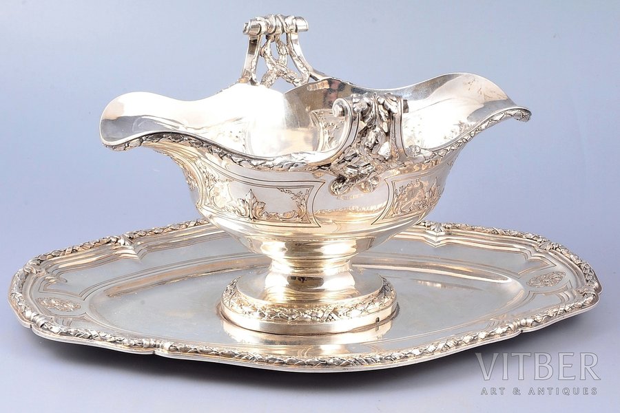sauce-boat with stand, silver, 950 standart, 1057.05 g, Boin Taburet, France, stand - 29.4 x 19.3 cm, sauce boat - 21 x 15.8 x 13 cm