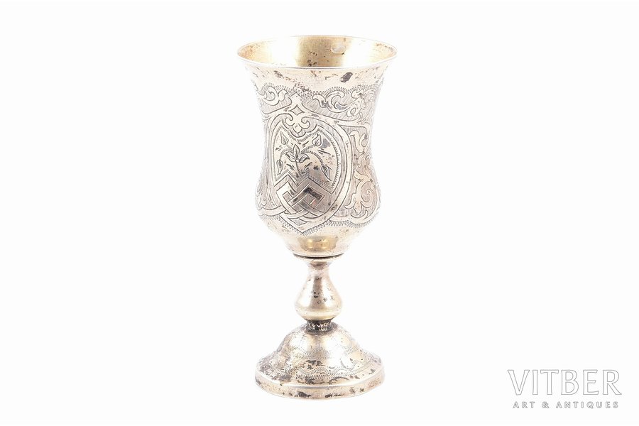 little glass, silver, 84 standard, 49 g, engraving, h - 9.6 cm, by Peter Lobanov, 1864, Moscow, Russia