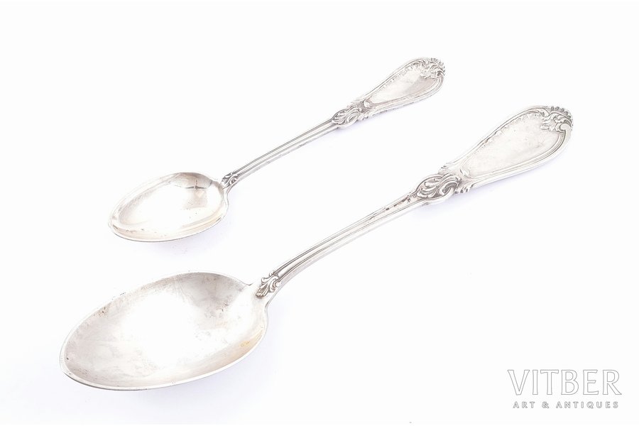 teaspoon, soup spoon, silver, 84 standard, (total weight of items) 119.30, soup spoon - 22 cm, teaspoon - 14.9 cm, Morozov workshop, 1899-1908, Moscow, Russia