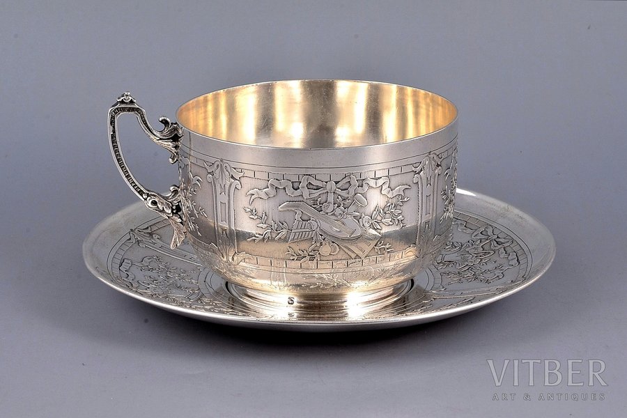 чайная пара, серебро, 950 проба, 398.00 г, Ø (блюдце) - 18.2, h (чашка) - 8.1 см, Eugene Lefebvre, 1896-1910 г., Париж, Франция