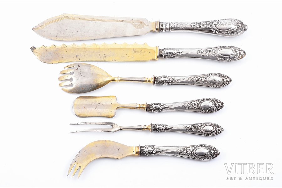 flatware set, silver, 6 items, shovel knife from other complect (master Vladyslav Hempel), 84 standard, (total weight of items) 432.35, gilding, metal, 29.4, 29, 22.9, 19.8, 19.5, 19 cm, 1899-1917, Moscow, Warsaw, Russia, Congress Poland