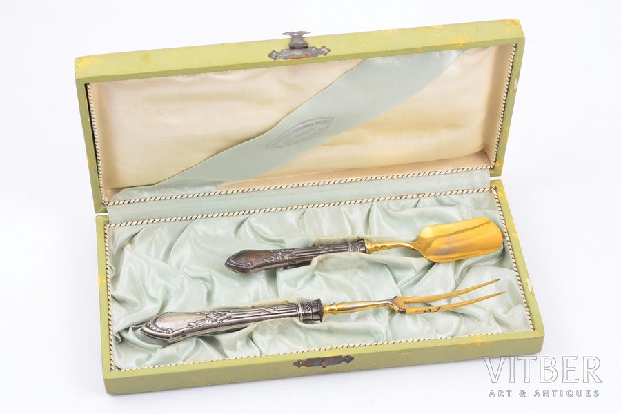 flatware set, silver, 2 pcs, 84 standard, total weight of the items 75.50, metal, 20.3, 16.1 cm, Warsaw, Russia, Congress Poland, in a box