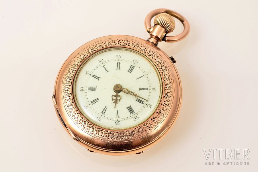 карманные часы, "Remontoir", Швейцария, золото, металл, 14 K проба, общий вес 28.30 г, 3.33 x 4.29 см, Ø 22.1 мм, на ходу