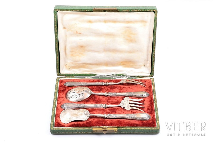 flatware set, silver, 4 pcs., 950 standard, 119.90 g, engraving, Page Freres, 1901-1905, Paris, France, with a box, removed monogram