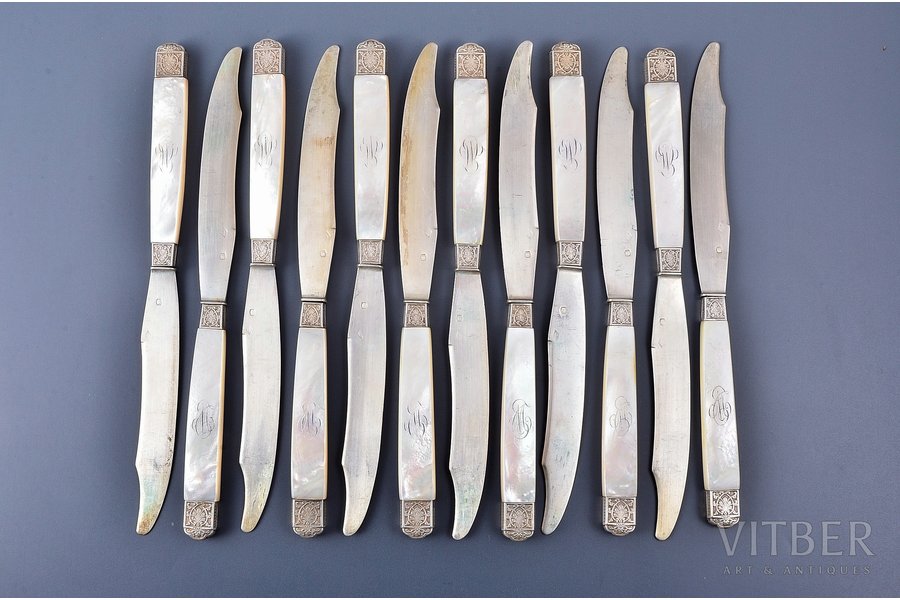 12-piece knife set, silver, 800 standart, nacre, 1876-1899, (total weight of items) 467.10g, Adolphe Boulenger, Paris, France, 20.3 cm