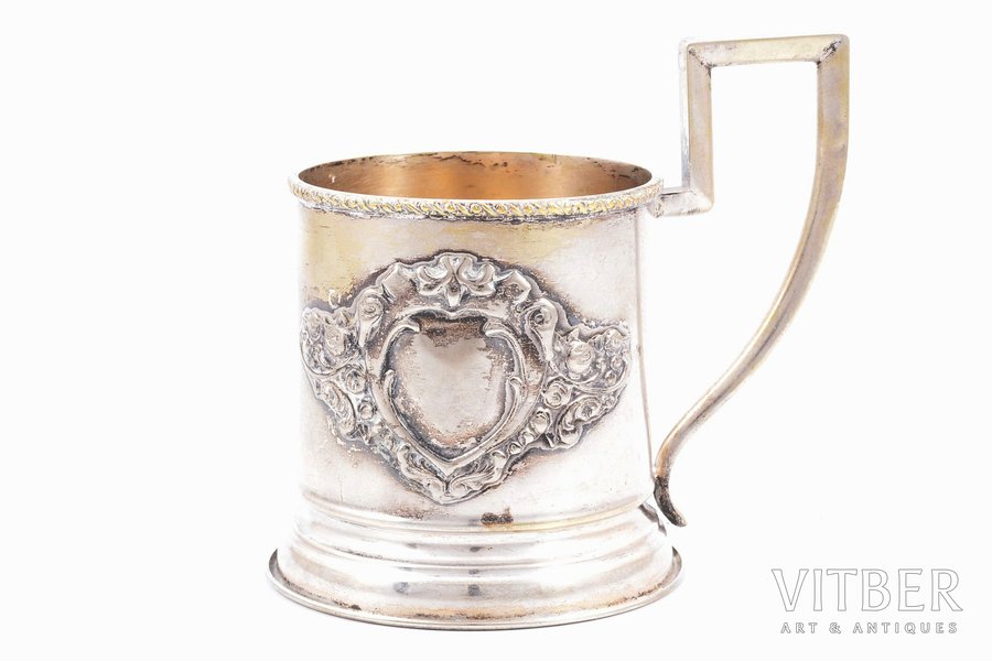 tea glass-holder, alpaca, Latvia, the 30ties of 20th cent., Ø (inside) 6.4 cm, h (with handle) 10 сm