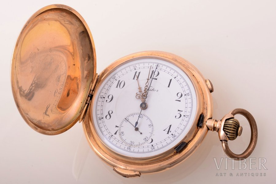 карманные часы, "Nestor", четвертной репетир, хронограф, Швейцария, начало 20-го века, золото, 56, 585, 14 K проба, общий вес 106.40 г, Ø 59 мм, часы на ходу, работают исправно