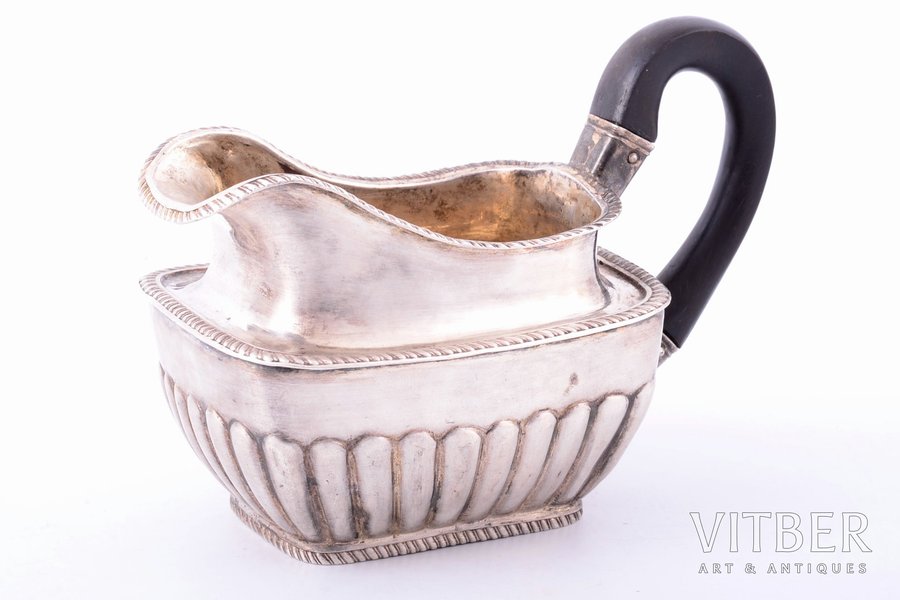 cream jug, silver, 84 standard, (item total weight) 133.10, gilding, h (with handle) - 9.2 cm, by Matvey Grechushnikov, 1829, Moscow, Russia