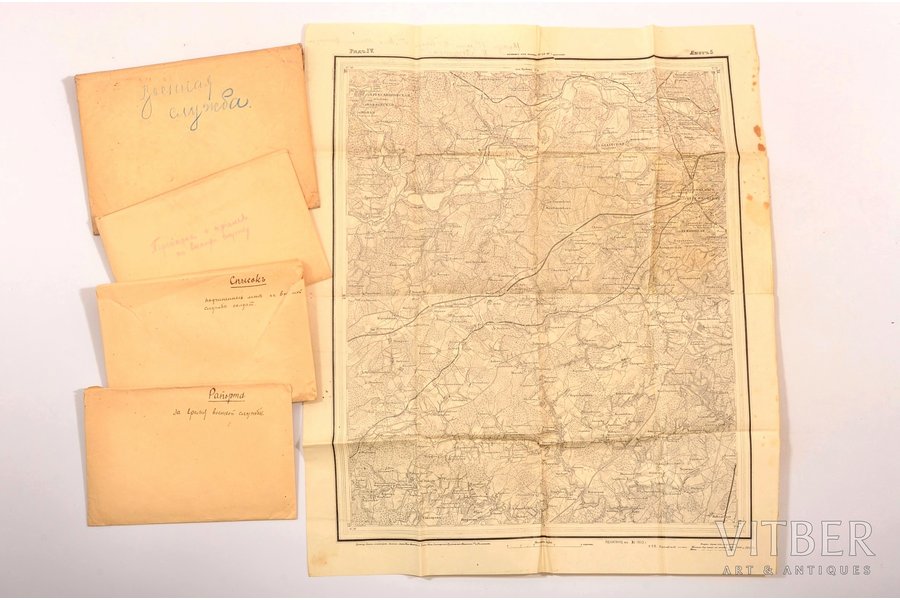karadienesta dokumentu komplekts: 3 konverti (pakļautībā esošo karavīru saraksts, raporti, saraksts par pieņemšanu karadienestā) un karte, Krievijas impērija, 20. gs. sākums