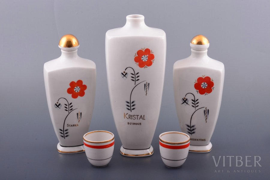 set, three carafes and pair of beakers, porcelain, Rīga porcelain factory, Riga (Latvia), 1948-1970, height of carafes without cork 20.5 / 15.6 / 15.6 cm, height of beakers 4.4 cm, premium (GOLD MARK) grade, one carafe without cork, one carafe with chip on the surface on the bottom