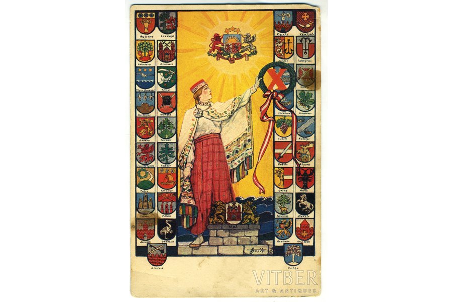 atklātne, Latvijas Republikas 10 gadu jubileja, zīmēja Apsītis, Latvija, 20. gs. 20-30tie g., 14x9 cm