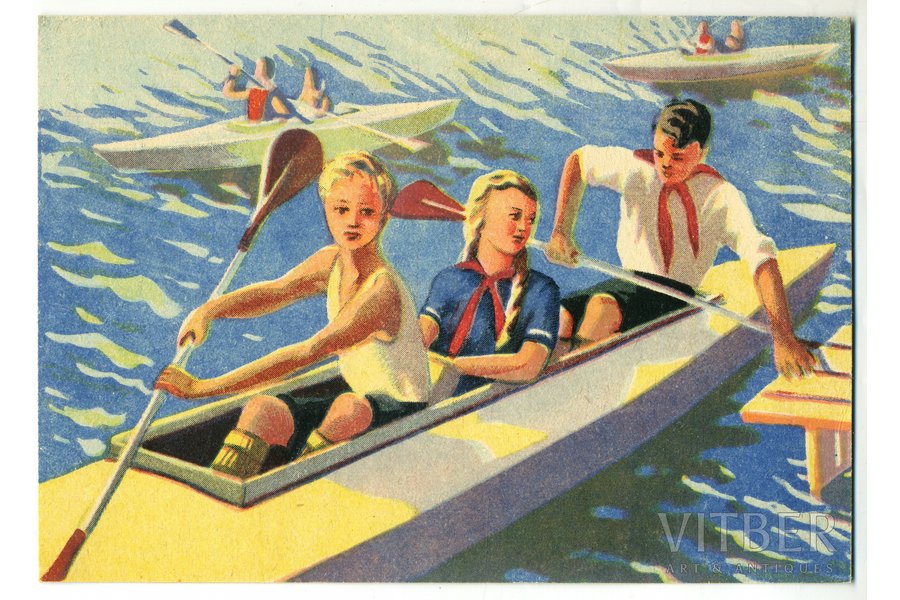 открытка, пионеры в лодке, художница Дж. Скулме, СССР, 40-50е годы 20-го века, 14x9.6 см