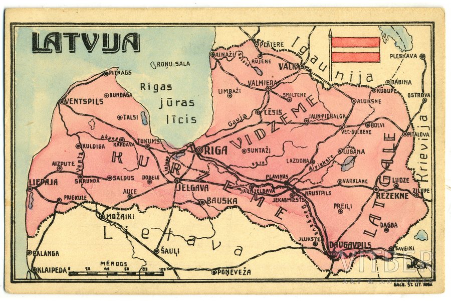 открытка, карта Латвийской Республики, Латвия, 20-30е годы 20-го века, 14x9 см