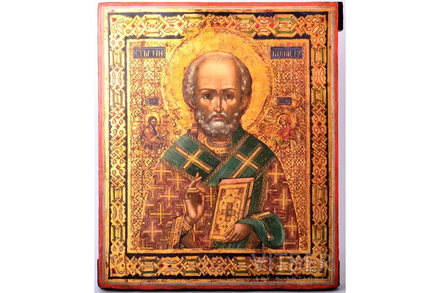 ikona, Svētais Nikolajs Brīnumdarītājs, dēlis, gleznojums, vizuļzelts, Krievijas impērija, 19.gs. vidus, 31.8 x 26.6 x 3.1 cm