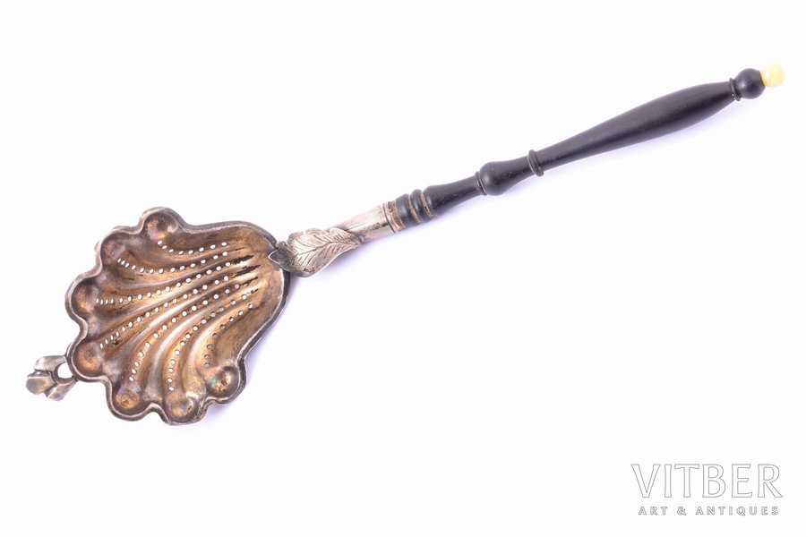 sieve spoon, silver, 84 standard, total weight of item 25.35, wood, 20.9 cm, Russia, small crack on the fragment of spoon (see on photo)