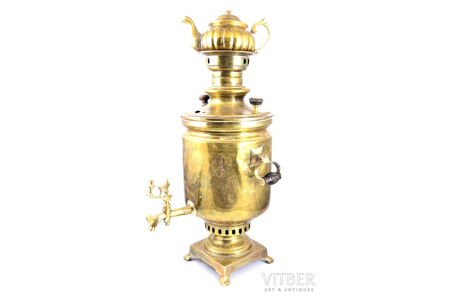samovar, with teapot (without mark), Samovar factory of Alexander V. Salishyev in Tula, shape "smooth can", bronze, brass, Russia, the beginning of the 20th cent., weight (total weight) 4150 g, samovar h 49 / teapot h 11.2 cm, small asimmetry