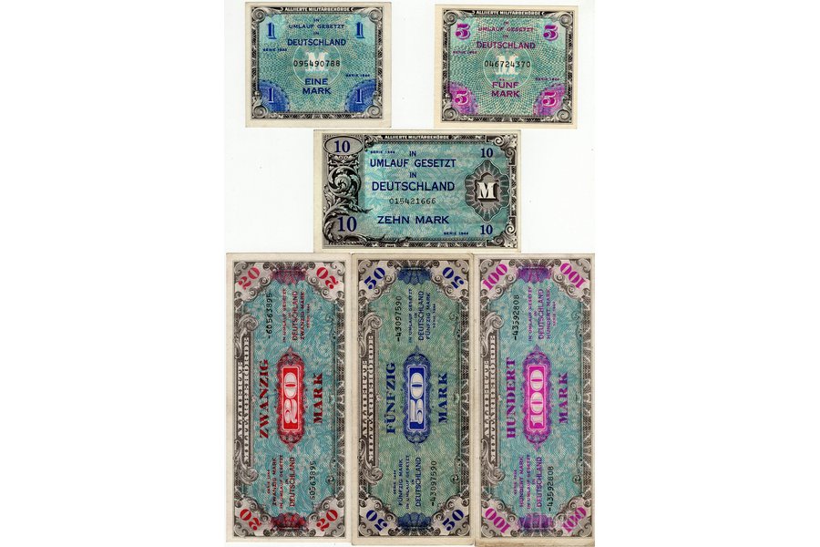 1 марка, 10 марок, 100 марок, 5 марок, 50 марок, 20 марок, военные денежные знаки, 1944 г., Германия, XF, UNC