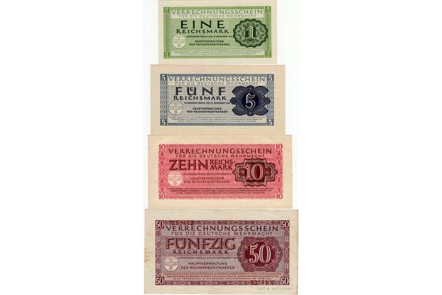 1 marka, 10 markas, 5 markas, 50 markas, banknote, 1944 g., Latvija, Vācija, AU, UNC