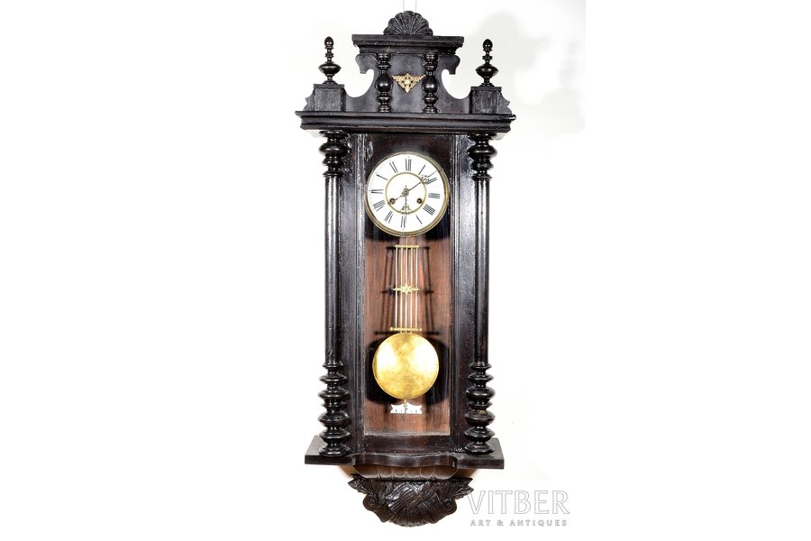 wall clock, "Le Roi a Paris", France, wood, 110 x 44.5 x 18 cm, Ø 182 mm, in working order, with key, chimes every 30 minutes, lacquer layer renovated, CUSTOMER PICKUP ONLY