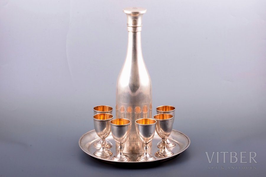 silver service with dedicatory inscription: tray, bottle, 6 small glasses, 875 standart, engraving, 1935, 750 g, Latvia, h (bottle with cork) 28.5 cm, h (small glass) 7.9 cm, Ø (tray) 22.3 cm