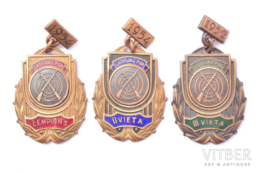 set, 3 badges, champion, 2nd, 3rd place in shooting, Latvia, USSR, 1952, 1954, 46.5 x 29.1 / 46.7 x 29.3 / 47.5 x 28.9 mm