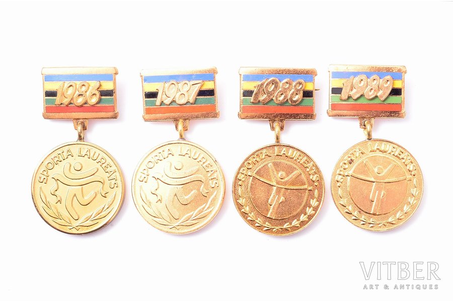 set, 4 badges, Laureate of sport, Latvian SSR state comitee of physical culture and sports, Latvia, USSR, 1986-1989, 46 x 25.5 / 45 x 25.6 / 46.2 x 25.1 / 45.7 x 25.3 mm