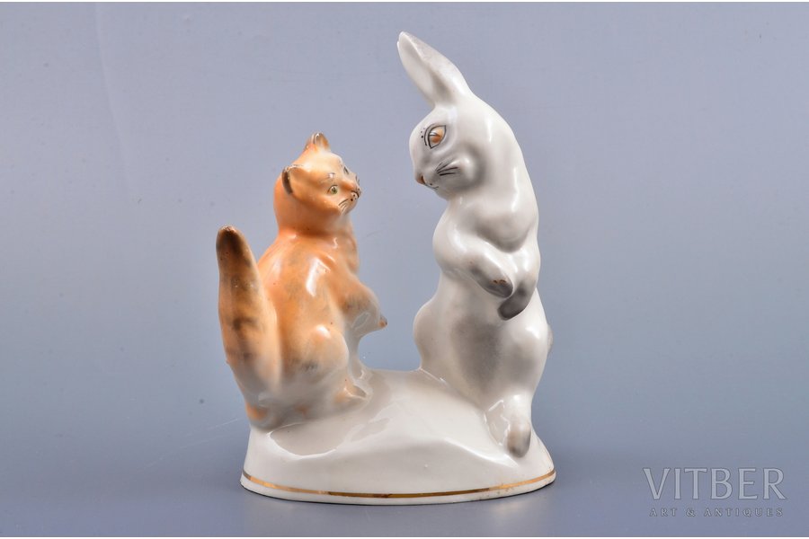 figurine, A Cat and A Rabbit, porcelain, Riga (Latvia), USSR, Riga porcelain factory, molder - Lize Dzeguze, the 50ies of 20th cent., h - 14.8 cm, top grade