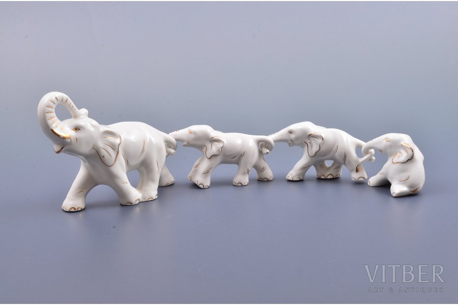 figurine, Elephants, porcelain, Riga (Latvia), USSR, Riga porcelain factory, the 70-80ies of 20th cent., h 9.1 / 4.5 / 4.4 / 4 cm, top grade