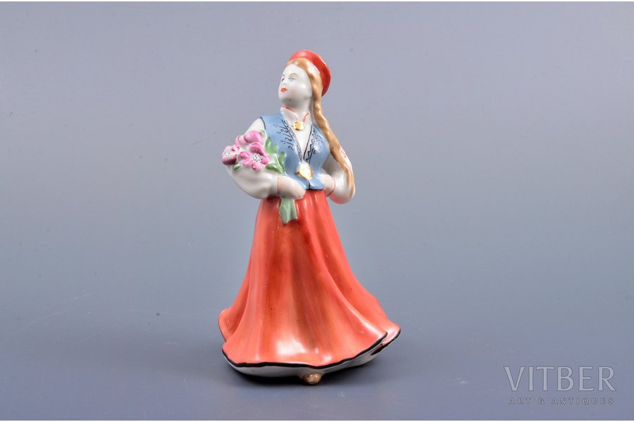 figurine, Girl in national costume with flowers, porcelain, Riga (Latvia), USSR, Riga porcelain factory, the 50ies of 20th cent., 12.5 cm, first grade