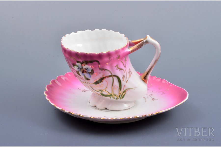 tea pair, "Сornucopia", porcelain, I. E. Kuznetsov Plant on Volkhov, Russia, the border of the 19th and the 20th centuries, h (cup) 7.4 см, saucer 14.7 x 12.7 cm