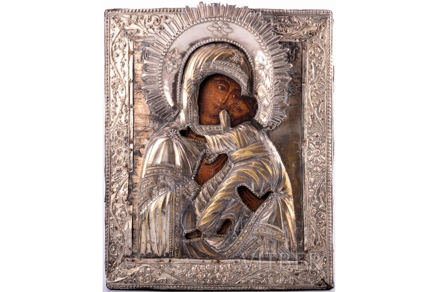 ikona, Vissvētā Dievmāte, dēlis, sudrabs, gleznojums, metāls, Krievijas impērija, 1731-1829 g., 32 x 26.2 x 3 cm, uzlika - sudrabs, metāls (1731.g.), piemeklēts vainags (1829.g.)