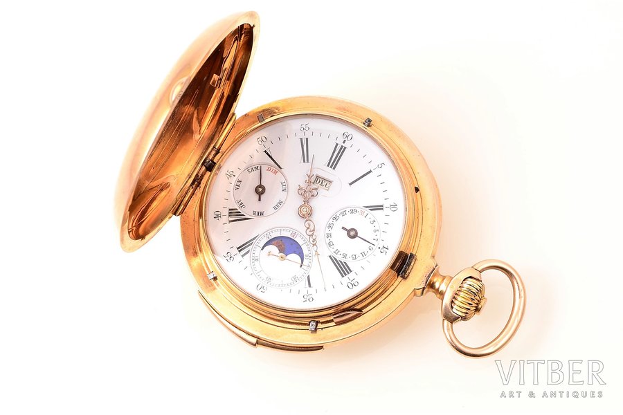 kabatas pulkstenis, ar minūšu repetīri, Šveice, zelts, 18 K prove, (kopējais svars) 151.55 g, 7.2 x 6 cm, Ø (ciparnīca) 44.7 mm, darbojas