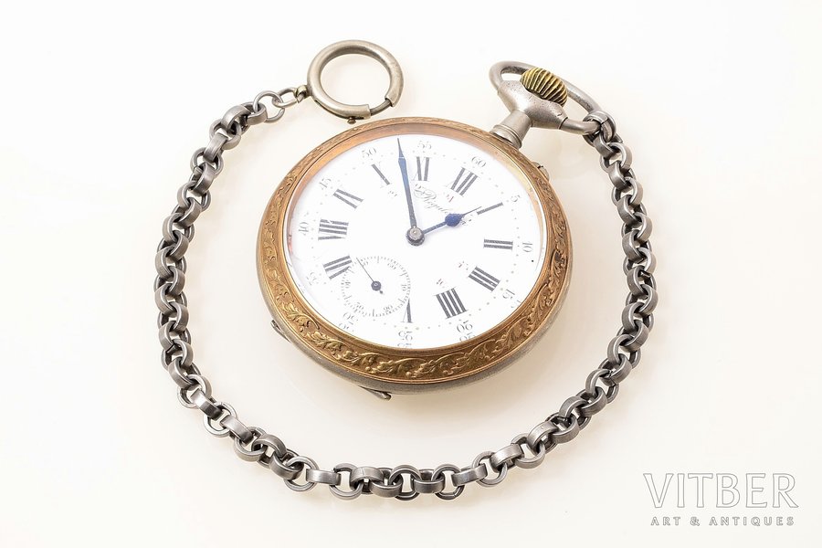 карманные часы, "Regulateur", для паровозника, с цепочкой, металл, 8.6 x 6.7 см, Ø (циферблат) 55.2 мм, длина цепочки - 29 см, на ходу, поврежден циферблат