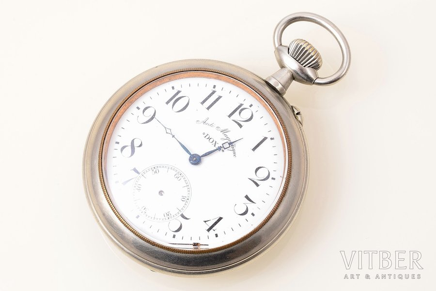 карманные часы, "Doxa", anti magnetique, для паровозника, Швейцария, металл, 8.5 x 6.8 см, Ø (циферблат) 56.9 мм, на ходу, без стрелки на маленьком циферблате