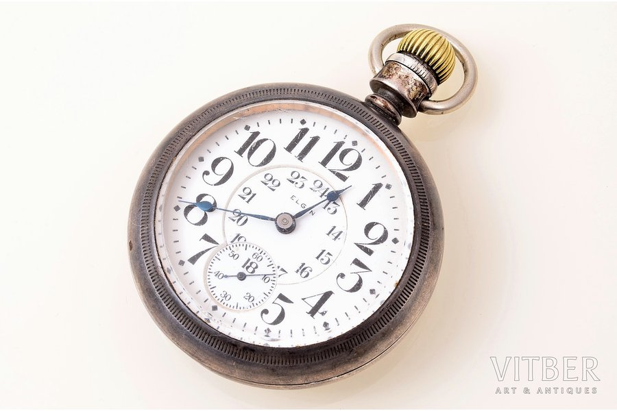 pocket watch, "Elgin", USA, metal, 7.7 x 5.7 cm, Ø (dial) 46.1 mm, removed overelay, in working condition