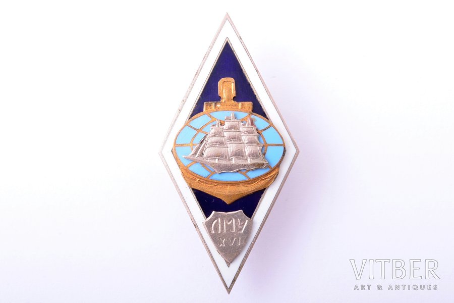 badge, Marine college of Liepāja, XVI graduation, Latvia, USSR, 70-80ies of 20th cent., 53.2 x 26.5 mm
