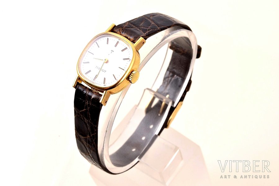 wristwatch, "Tissot", Switzerland, gold, 18 K standart, (total weight) 14.40 g, 26 x 22 cm, (dial) 18.9 x 18.9 mm, in working condition