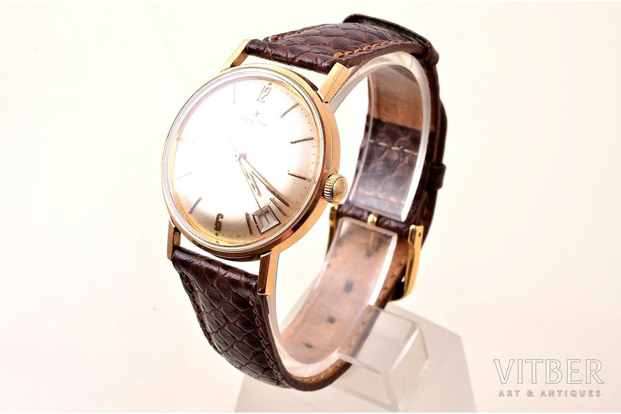 wristwatch, "Zenith", Switzerland, gold, 18 K standart, (total weight) 35.40 g, 4.05 x 3.6 cm, Ø (dial) 31.2 mm, in working condition