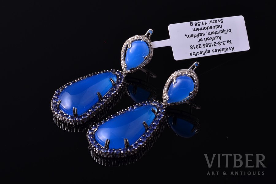 earrings, gold, 585 standard, 11.58 g., the item's dimensions 4.5 x 1.7 cm, diamonds, sapphire, chalcedony, Russian Federation
