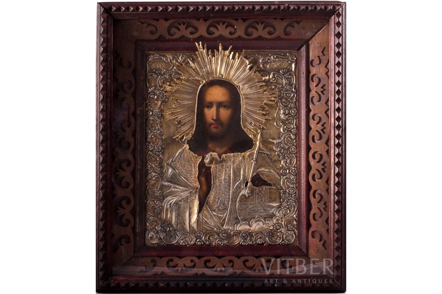 ikona, Jēzus Kristus Pantokrators, rāmī, dēlis, sudrabs, gleznojums, zeltījums, 84 prove, Krievijas impērija, 1866 g., 31 x 27 x 6.9 / 22 x 17.6 x 2.2 cm