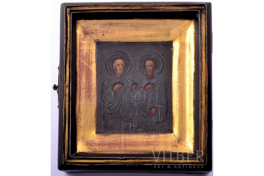 icon, Holy Apostles Peter and Paul, in icon case, board, silver, painting, 84 standard, Russia, 1908-1917, 11.2 x 10 x 3.8 cm