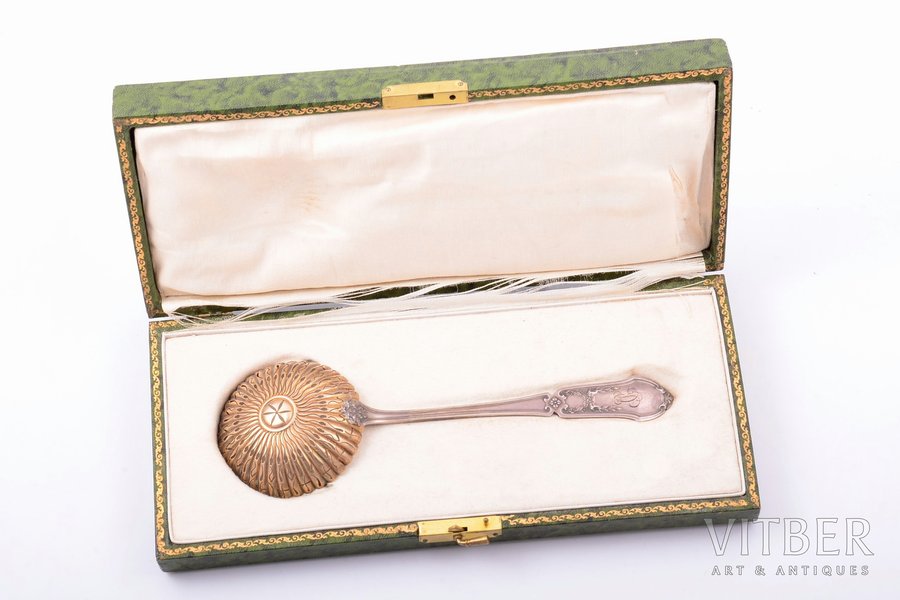 sieve spoon, silver, 950 standard, 55.10 g, gilding, 20.2 cm, France, in a box