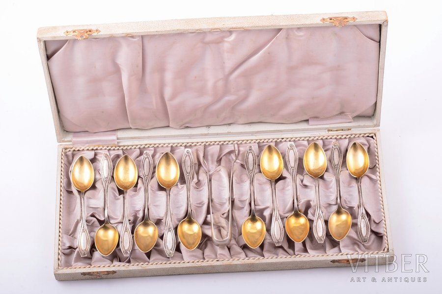 set of 12 teaspoons and sugar tongs, silver, Art Nouveau, 830, 813 H standart, 144.20 g, Sweden (teaspoons), Finland (sugar tong), teaspoon 10.6 cm, sugar tongs 10.2 cm, in a box