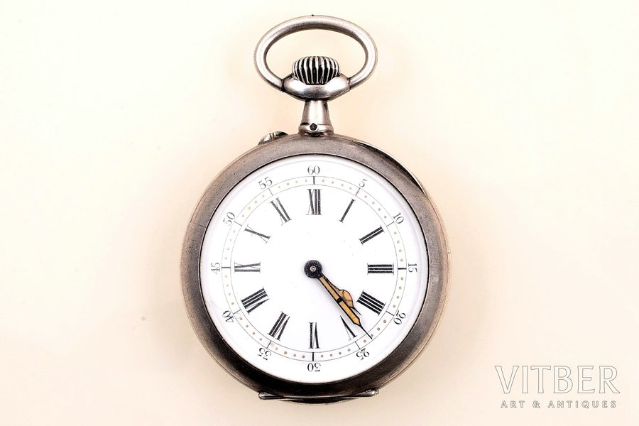 pocket watch, with engraving Jehanne de par le roi du ciel sauve la France, France, silver, metal, 800 standart, total weight 90.35 g, 6.2 x 4.9 cm, Ø 4.1 mm, in working codition