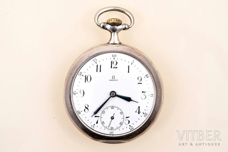 карманные часы, "Omega", Швейцария, начало 20-го века, серебро, металл, общий вес 79.35 г, 6.1 x 4.9 см, Ø 4.13 мм, с импортной пробой Франции, на ходу